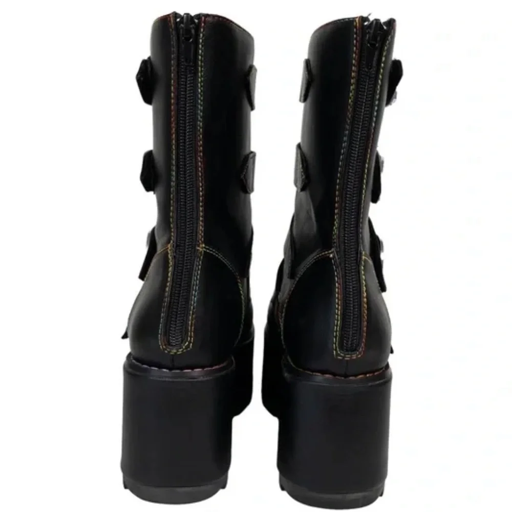 YRU Karma Rainbow Platform Black Vegan Boots Size 8
